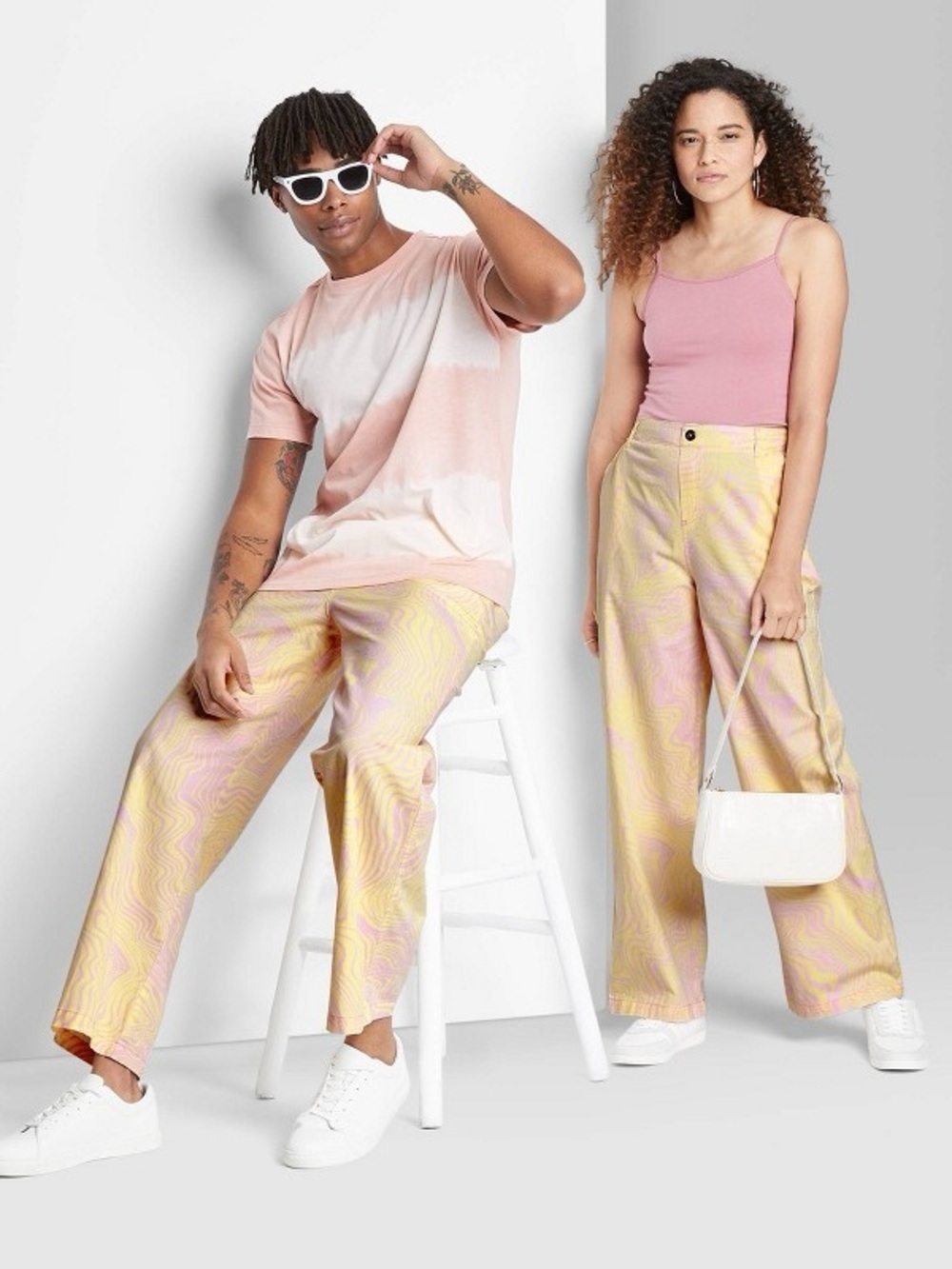 Wild fable  yellow and pink swirl wide leg elastic waist pants medium